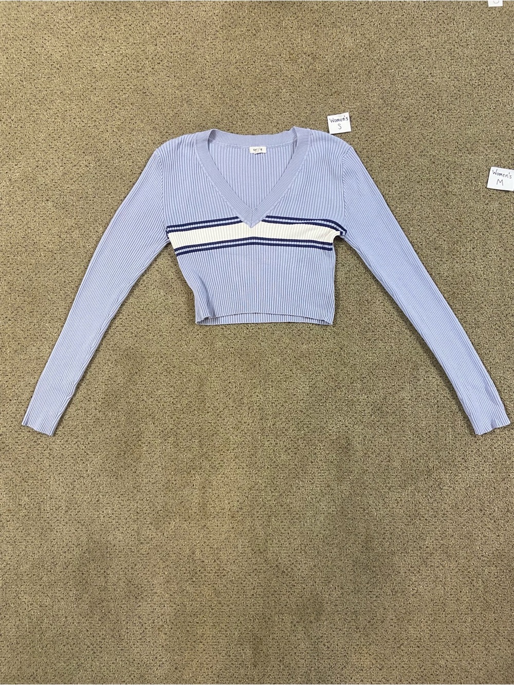 Garage Light Blue Ribbed V-Neck Cropped Top with White & Navy Stripes
